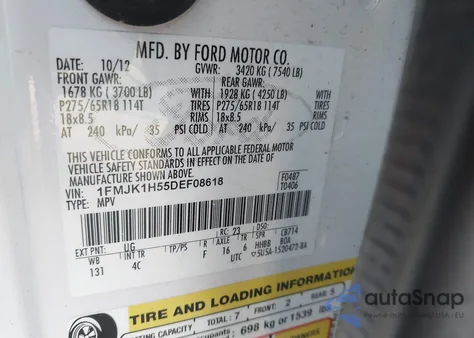 2013 Ford Expedition El Xlt from USA, damaged, VIN 1FMJK1H55DEF08618